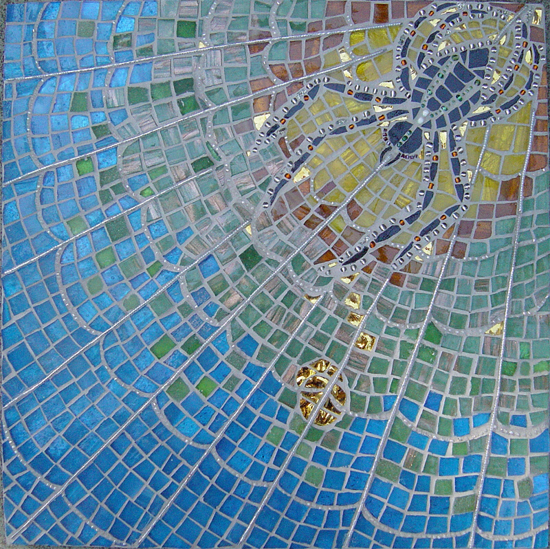 Square glass mosaic of a spider in the centre of her web with long threads radiating outwards