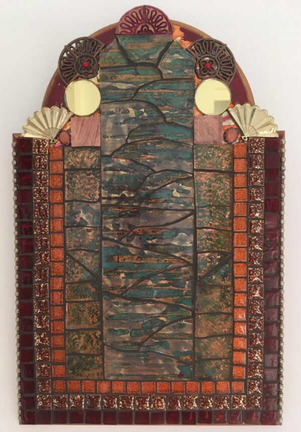 Image of a glass and ceramic mosaic in reds, golds and oranges constructed in simple lines.