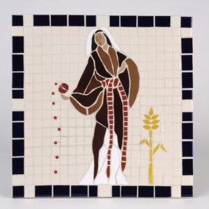 A square ceramic mosaic featuring a demure female figure in brown and white robes holding a pomegranate that is spilling 9 seeds onto the ground. There is a sheaf of corn on her other side.