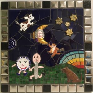 Image of a square mixed media mosaic featuring nursery rhyme characters made from polymer clay