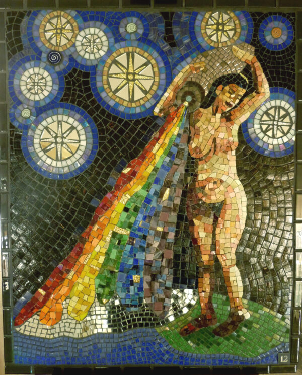 A glass mosaic featuring a nude female figure standing on the top of the earth and pouring a rainbow from an urn on her right shoulder. She is surrounded by starts with halos.