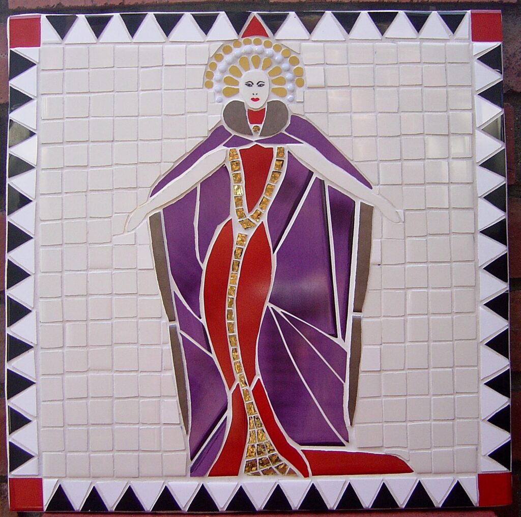 A square ceramic mosaic featuring a queenly female figure in red and purple robes against a cream background.