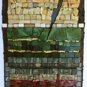 Image of a marble, glass and smalti mosaic with tiles laid in horizontal lines to mimic the sedimentary layers of a geological formation.