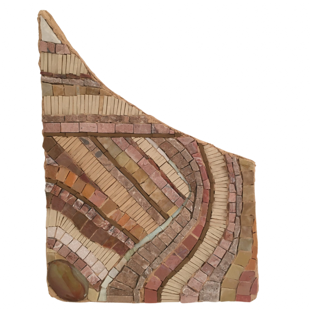 A mosaic of muted pastel pink, beige and peach tones, featuring line work representing undulating sedimentary layers of rock.
