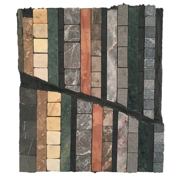 A mosaic featuring vertical lines of various coloured marble and stone, represented sedimentary layers turned on their sides.